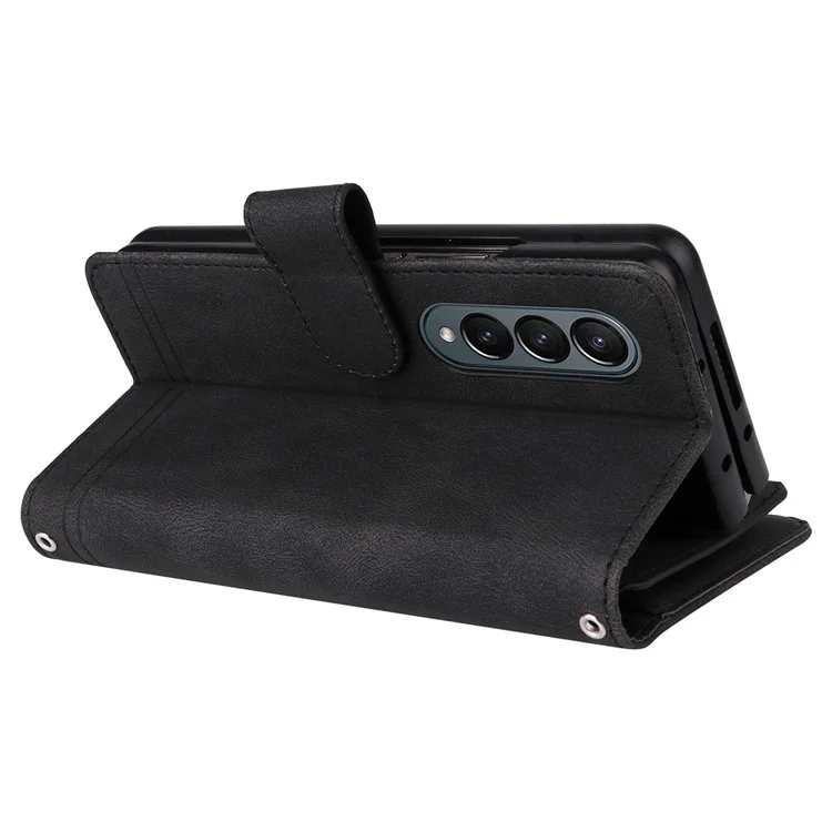 For Samsung Galaxy Z Fold4 5G Shockproof Zipper Pocket Phone Case Imprinted Skin-touch Wallet Stand PU Leather Cell Phone Cover with Multiple Card Slots - Black