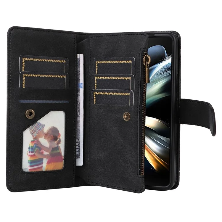 For Samsung Galaxy Z Fold4 5G Shockproof Zipper Pocket Phone Case Imprinted Skin-touch Wallet Stand PU Leather Cell Phone Cover with Multiple Card Slots - Black