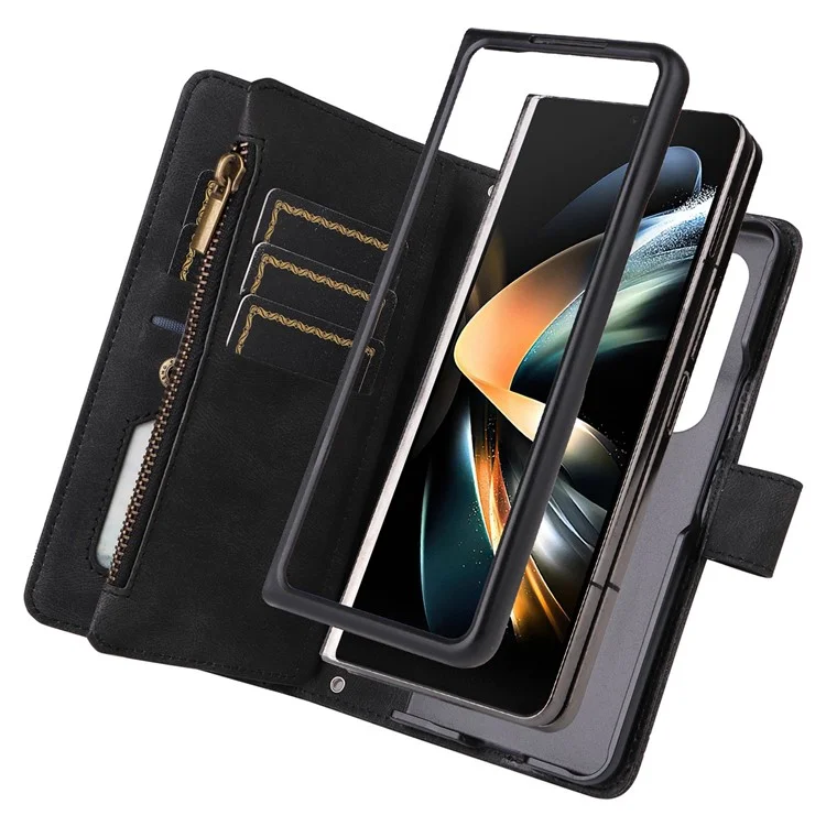 For Samsung Galaxy Z Fold4 5G Shockproof Zipper Pocket Phone Case Imprinted Skin-touch Wallet Stand PU Leather Cell Phone Cover with Multiple Card Slots - Black