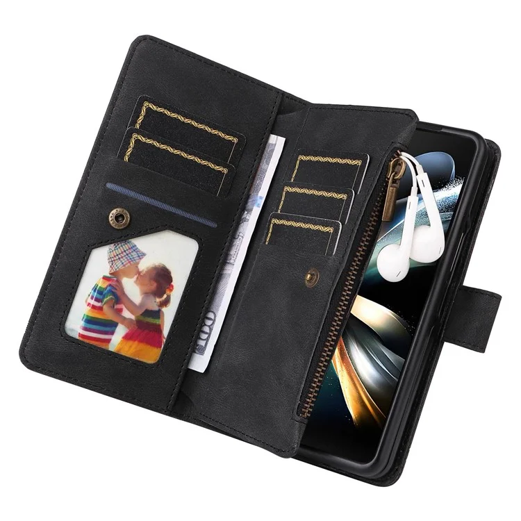 For Samsung Galaxy Z Fold4 5G Shockproof Zipper Pocket Phone Case Imprinted Skin-touch Wallet Stand PU Leather Cell Phone Cover with Multiple Card Slots - Black