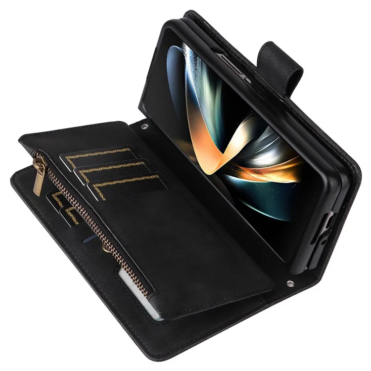 For Samsung Galaxy Z Fold4 5G Shockproof Zipper Pocket Phone Case Imprinted Skin-touch Wallet Stand PU Leather Cell Phone Cover with Multiple Card Slots - Black