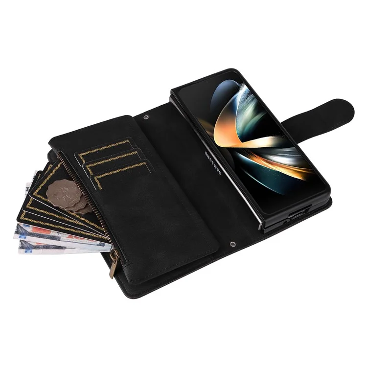 For Samsung Galaxy Z Fold4 5G Shockproof Zipper Pocket Phone Case Imprinted Skin-touch Wallet Stand PU Leather Cell Phone Cover with Multiple Card Slots - Black