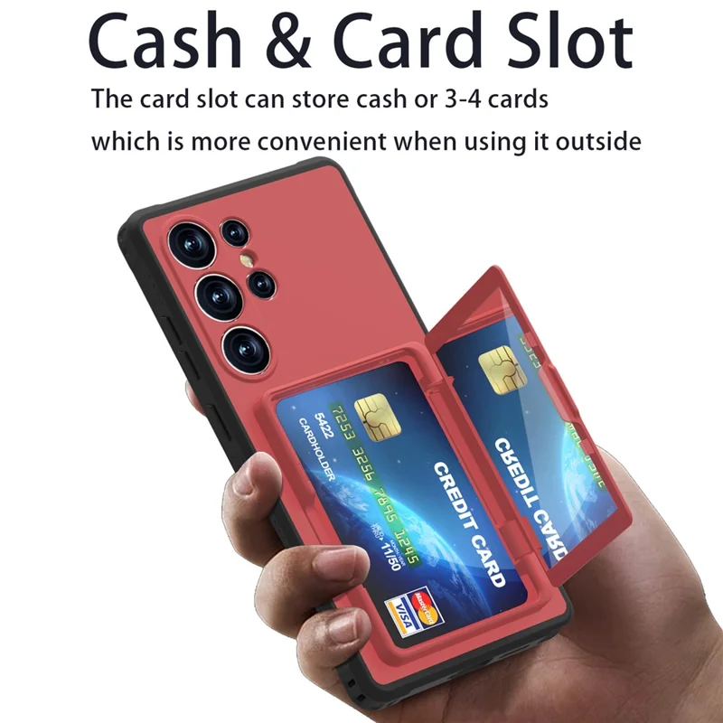 For Samsung Galaxy S25 Ultra Case with Card Holder Hidden Mirror PC + TPU Kickstand Phone Cover - Red