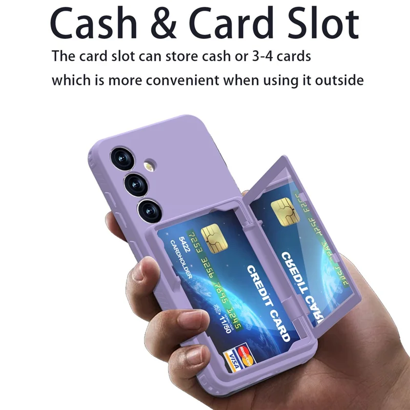 For Samsung Galaxy S25 Case with Card Holder Hidden Mirror PC + TPU Kickstand Phone Cover - Light Purple