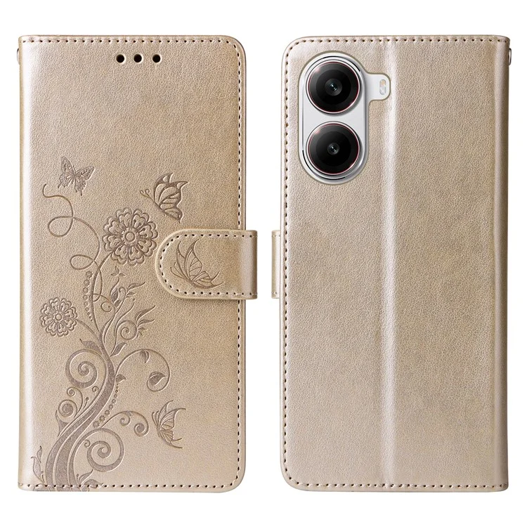 For Xiaomi Redmi Turbo 4 5G / Poco X7 Pro 5G Leather Case Butterfly Floral Imprint Wallet Stand Cover - Gold
