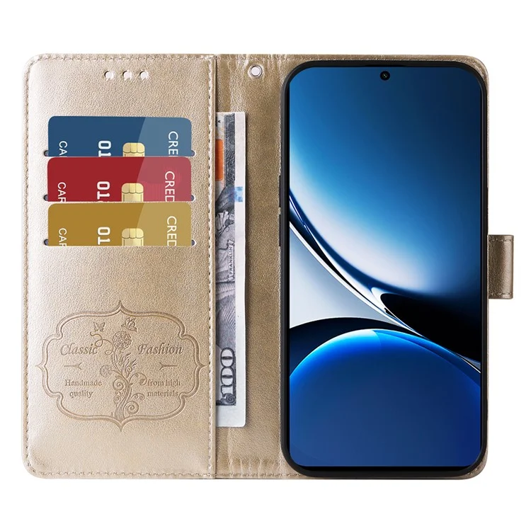 For Xiaomi Redmi Turbo 4 5G / Poco X7 Pro 5G Leather Case Butterfly Floral Imprint Wallet Stand Cover - Gold