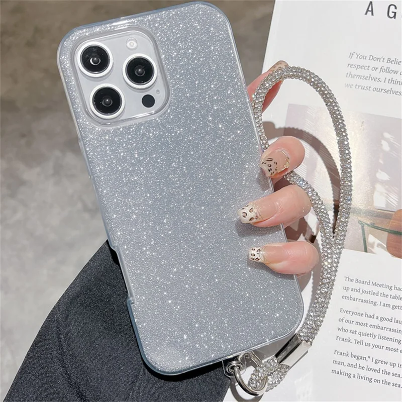 For iPhone 16 Pro Case with Wrist Strap TPU Phone Back Cover Glitter Design - Silver