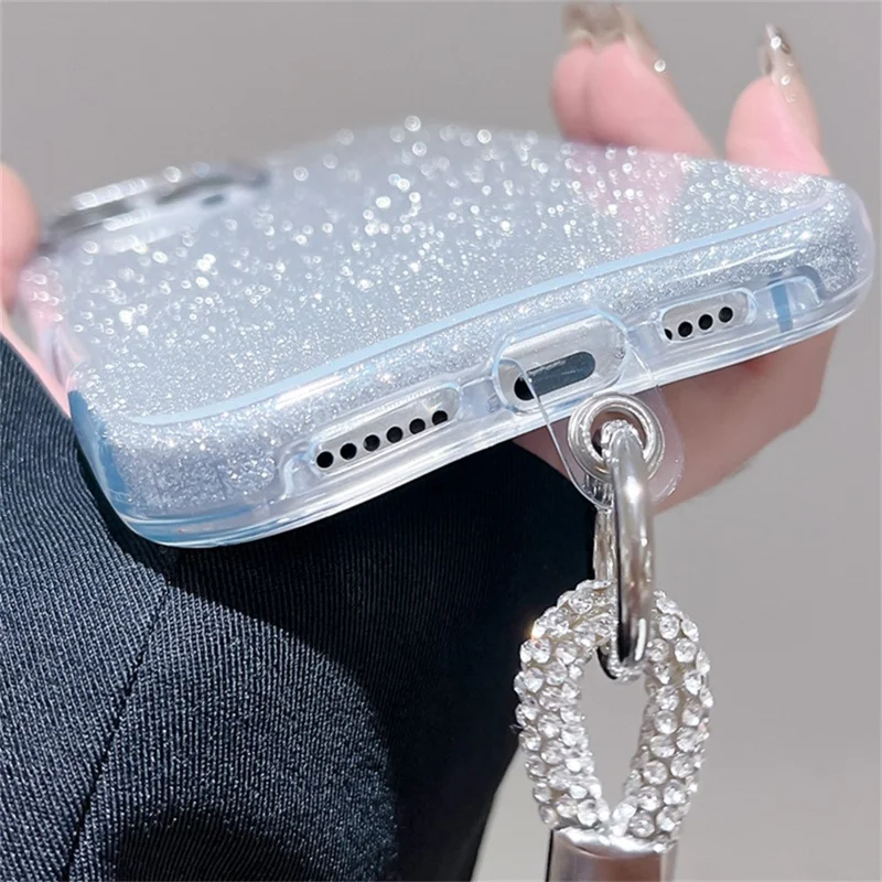 For iPhone 16 Pro Case with Wrist Strap TPU Phone Back Cover Glitter Design - Silver