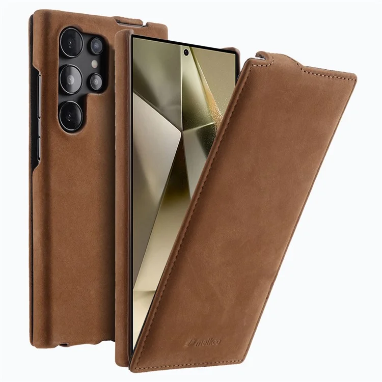MELKCO Para Samsung Galaxy S25 Ultra Capa de Couro Legítimo de Vaca com Flip Vertical + Capa de Telefone à Prova de Choque em PC - Marrom