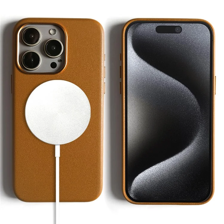 Capa Magnética Eco-Friendly para iPhone 15 Pro em Couro RPET Certificado GRS - Marrom Claro
