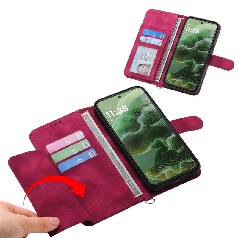 Voor Motorola Moto G15 4G hoesje met bloemenpatroon PU lederen portemonnee telefoonhoes met draagkoord - Wijnrood