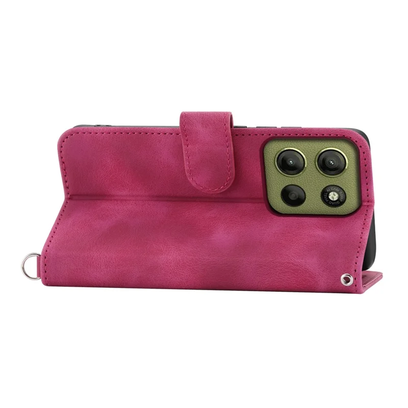 Voor Motorola Moto G15 4G hoesje met bloemenpatroon PU lederen portemonnee telefoonhoes met draagkoord - Wijnrood
