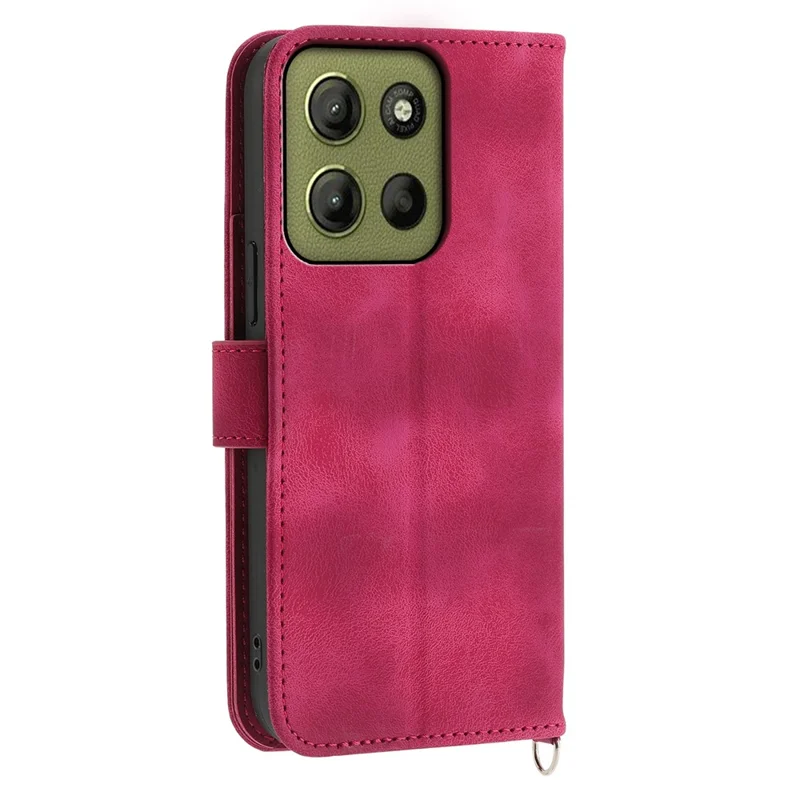 Voor Motorola Moto G15 4G hoesje met bloemenpatroon PU lederen portemonnee telefoonhoes met draagkoord - Wijnrood