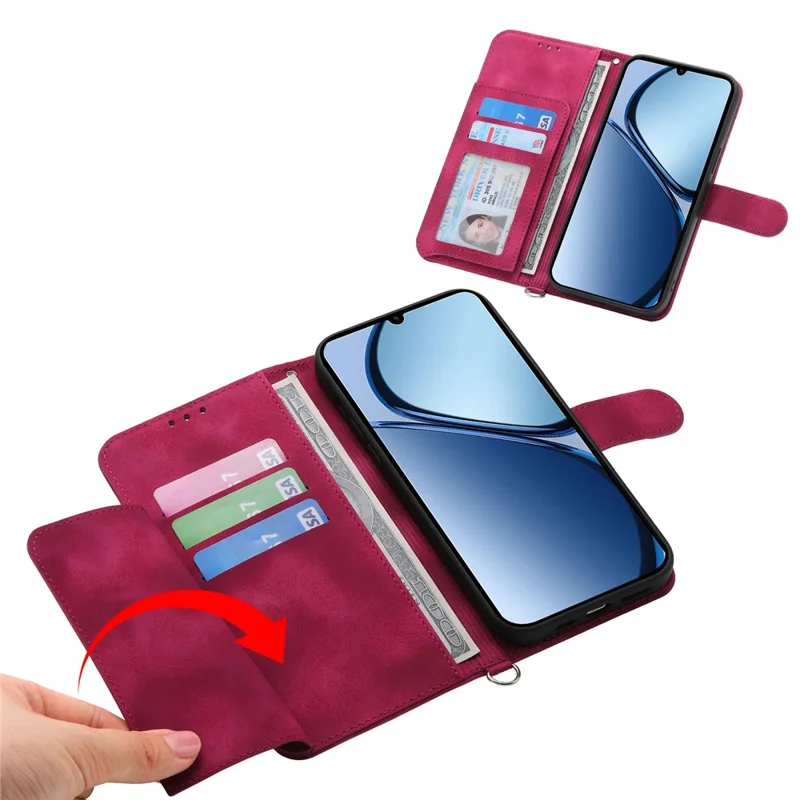 For Oppo Reno13 5G (Global) Case Flower Pattern PU Leather Wallet Phone Cover with Strap - Wine Red