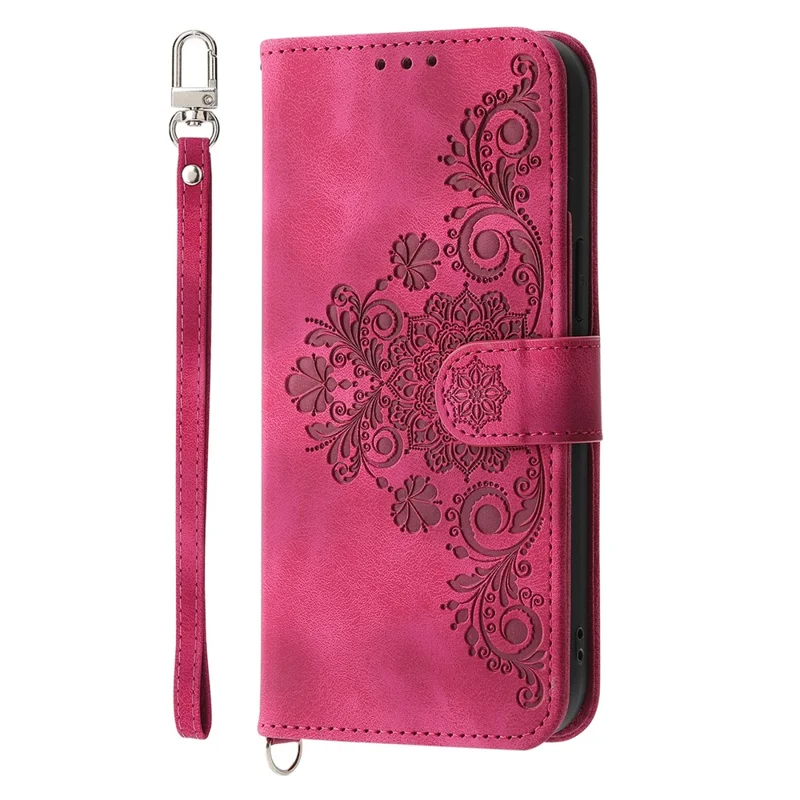 For Oppo Reno13 5G (Global) Case Flower Pattern PU Leather Wallet Phone Cover with Strap - Wine Red