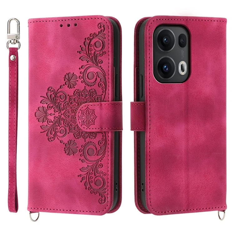 Étui pour Oppo Reno13 Pro 5G Motif Floral en Cuir PU Portefeuille avec Dragonne - Rouge Vin