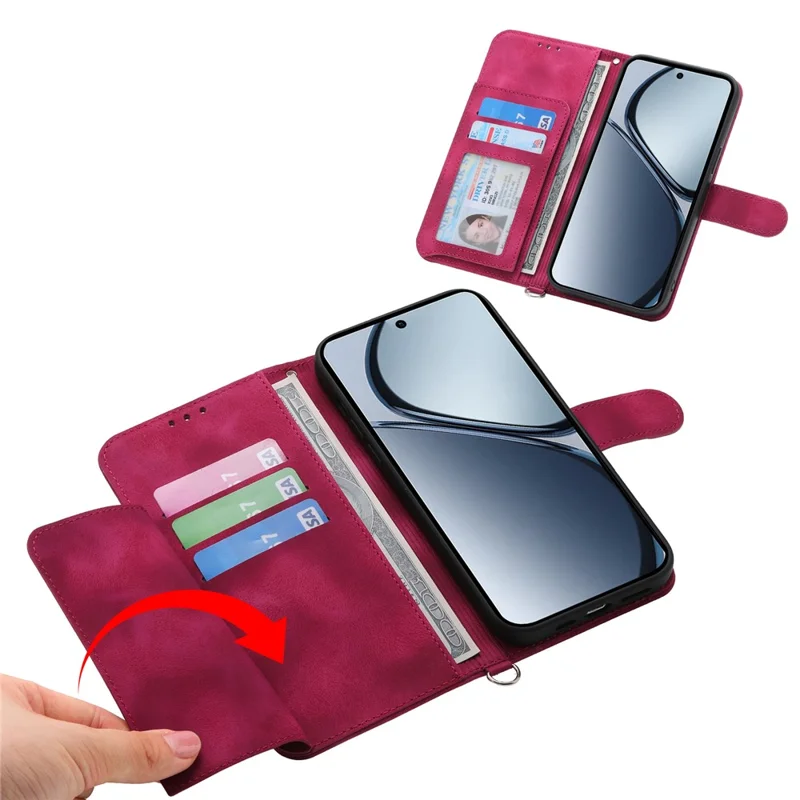 For Realme C75 4G / V60 Pro 5G Case Flower Pattern PU Leather Wallet Phone Cover with Strap - Wine Red