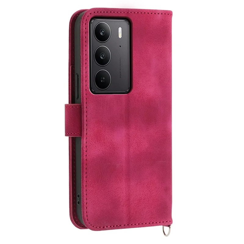 For Realme C75 4G / V60 Pro 5G Case Flower Pattern PU Leather Wallet Phone Cover with Strap - Wine Red