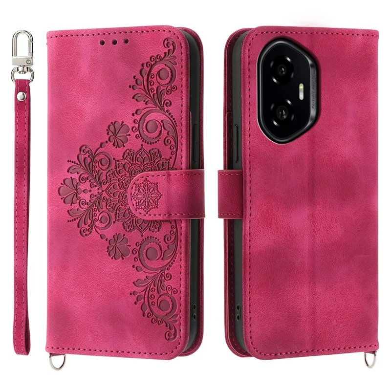 For Honor 300 Case Flower Pattern PU Leather Wallet Phone Cover with Strap - Wine Red