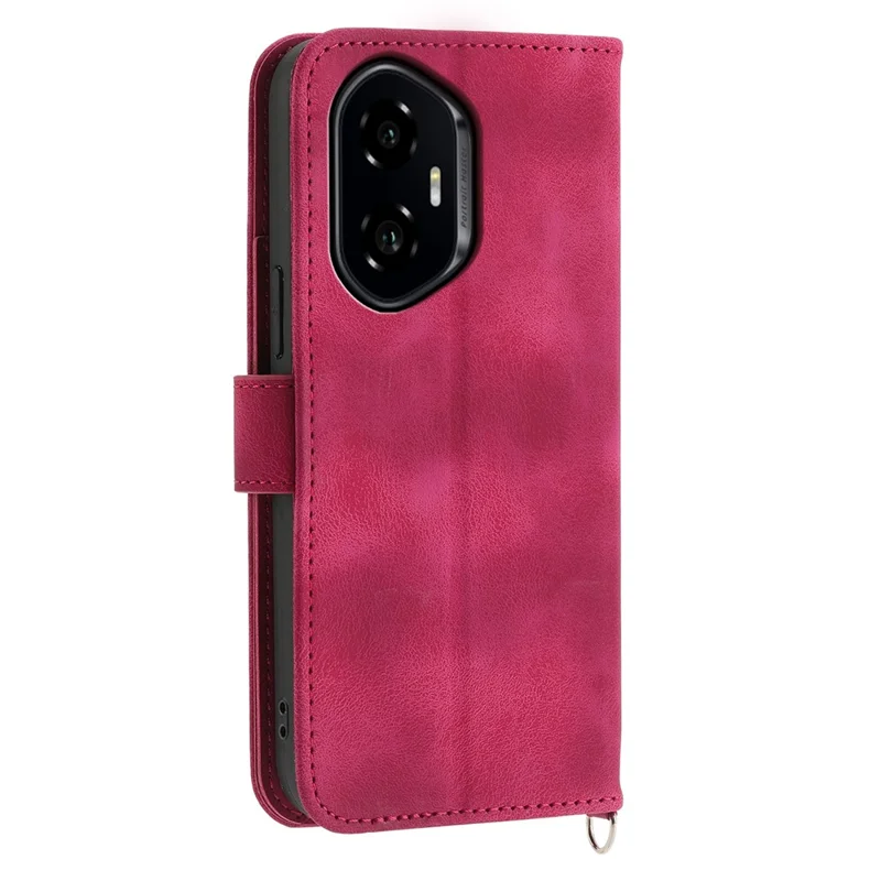 For Honor 300 Case Flower Pattern PU Leather Wallet Phone Cover with Strap - Wine Red