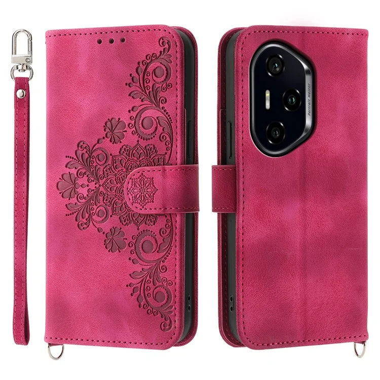 Für Honor 300 Pro / 300 Ultra Hülle Blumenmuster PU-Leder Brieftasche Handyhülle mit Trageriemen - Weinrot