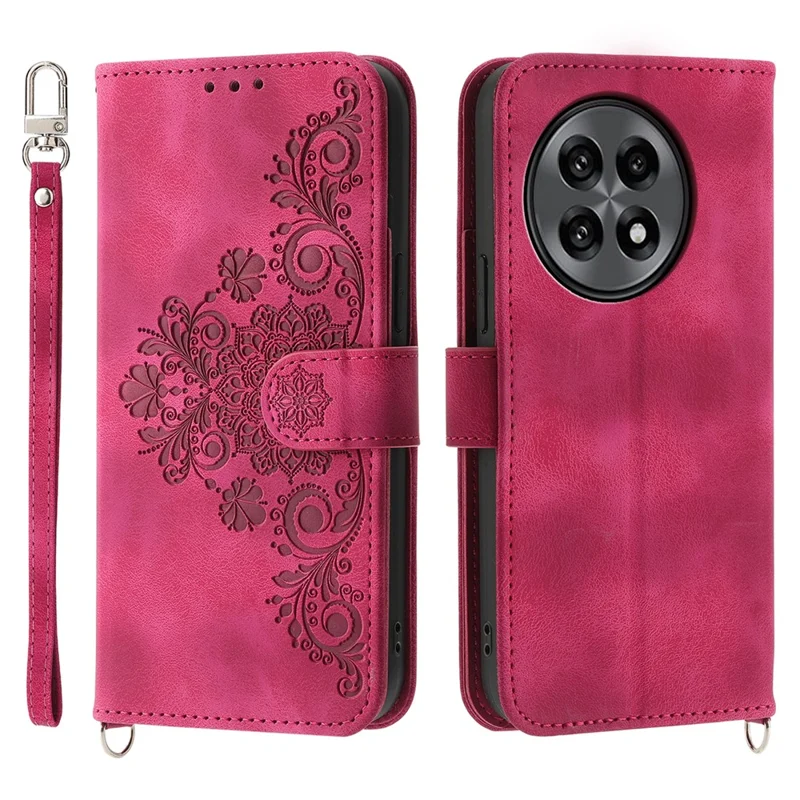 Cover a portafoglio per OnePlus 13R 5G con motivo floreale in pelle PU e cinturino - Rosso vino