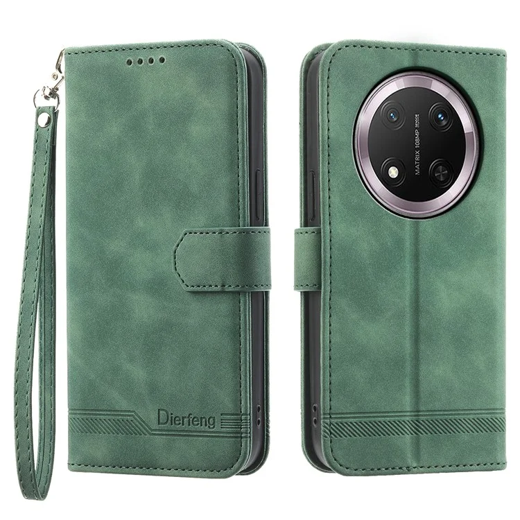 DIERFENG DF-03 Étui Portefeuille en Cuir avec Lignes Gravées pour Honor X9c 5G - Vert