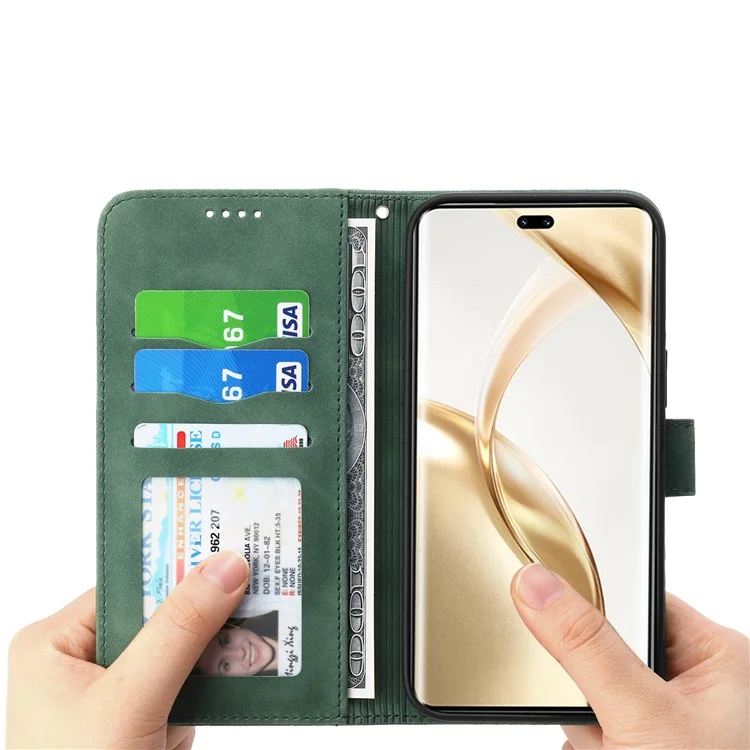 DIERFENG DF-03 Étui Portefeuille en Cuir avec Lignes Gravées pour Honor X9c 5G - Vert