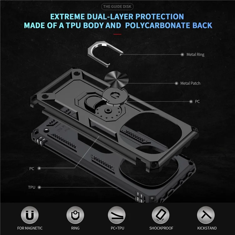 Pour Xiaomi Redmi Note 14 Pro 5G / Poco X7 5G Étui PC + TPU avec Anneau Rotatif et Support - Noir