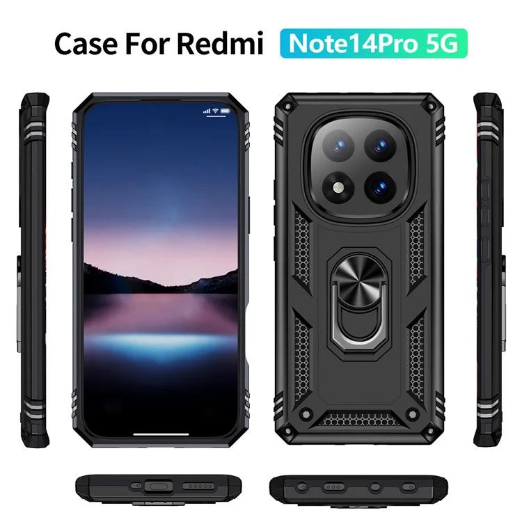 Pour Xiaomi Redmi Note 14 Pro 5G / Poco X7 5G Étui PC + TPU avec Anneau Rotatif et Support - Noir