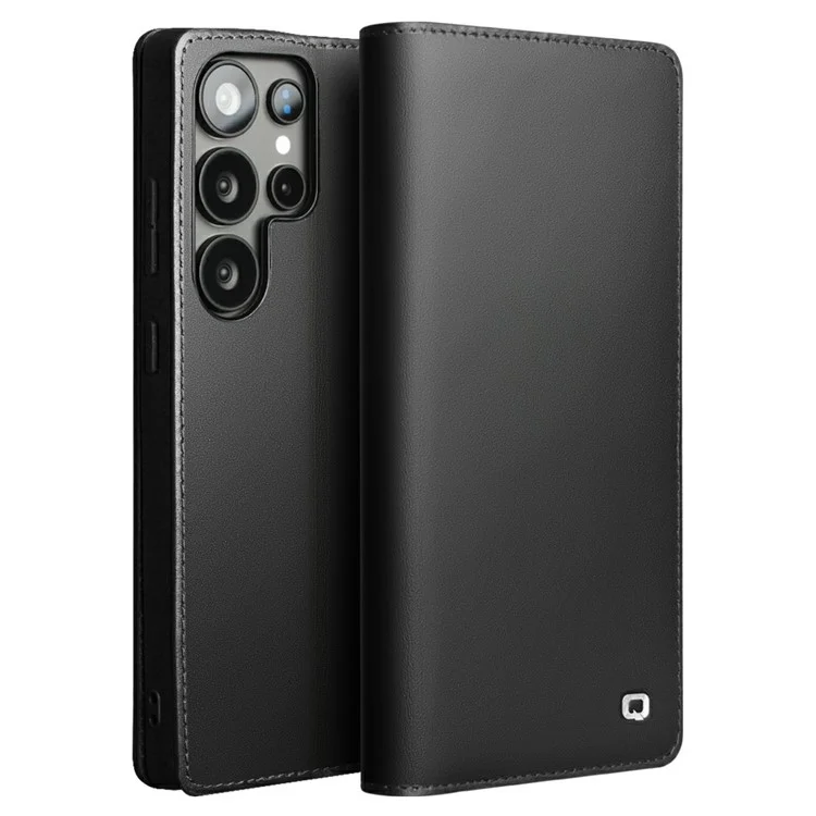QIALINO For Samsung Galaxy S25 Ultra Case Wallet Flip Stand Phone Cover Genuine Cow Leather - Black