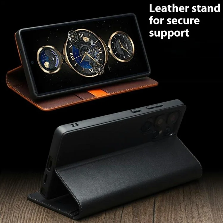 QIALINO For Samsung Galaxy S25 Ultra Case Wallet Flip Stand Phone Cover Genuine Cow Leather - Black