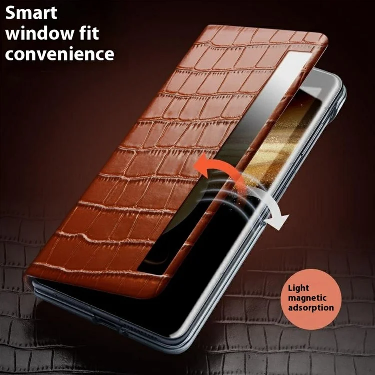 Étui QIALINO pour Honor Magic V3 5G avec fenêtre d'affichage intelligent en cuir de vache véritable - Marron