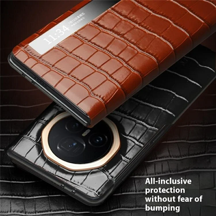 Étui QIALINO pour Honor Magic V3 5G avec fenêtre d'affichage intelligent en cuir de vache véritable - Marron