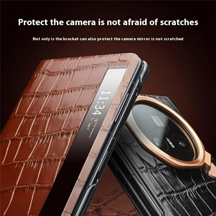 Étui QIALINO pour Honor Magic V3 5G avec fenêtre d'affichage intelligent en cuir de vache véritable - Marron
