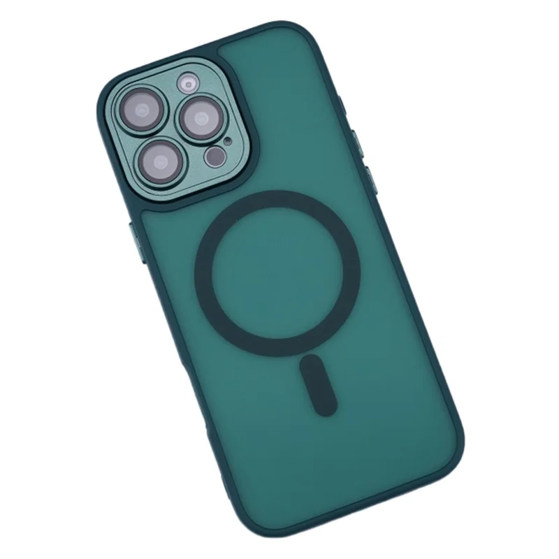 Capa Magnética para iPhone 16 Pro com Película de Lente / Moldura de Lente Destacável Híbrida para Celular - Verde Escuro