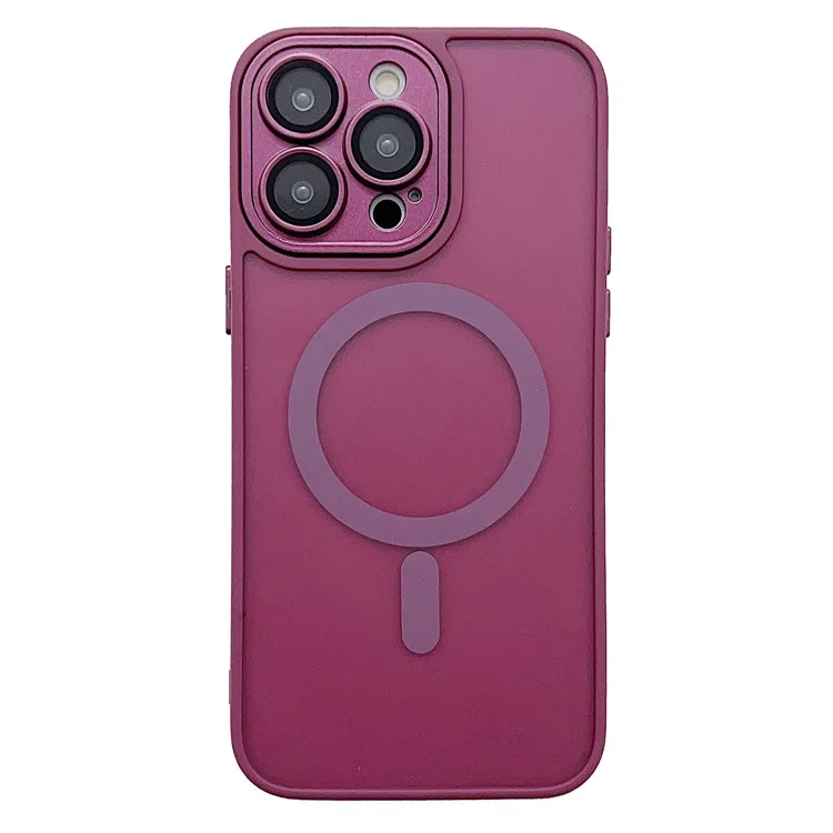 For iPhone 15 Pro Max Magnetic Case with Lens Film  /  Detachable Lens Frame Hybrid Phone Back Cover - Wine Red