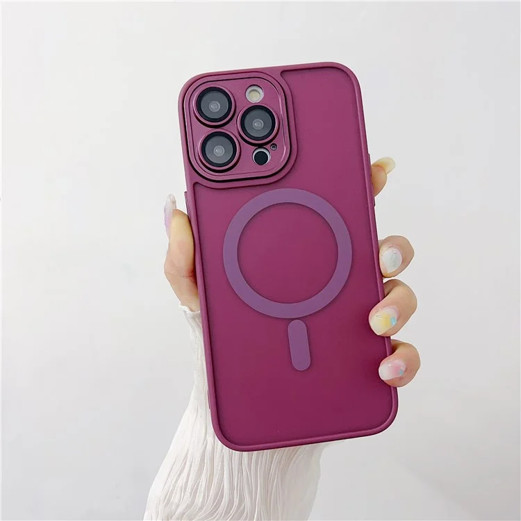 For iPhone 15 Pro Max Magnetic Case with Lens Film  /  Detachable Lens Frame Hybrid Phone Back Cover - Wine Red