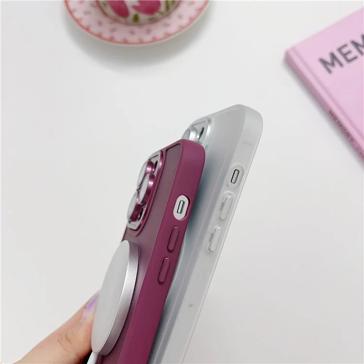 For iPhone 15 Pro Max Magnetic Case with Lens Film  /  Detachable Lens Frame Hybrid Phone Back Cover - Wine Red