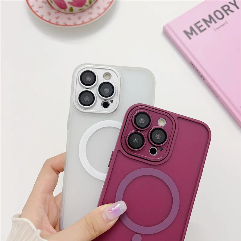 For iPhone 15 Pro Magnetic Case with Lens Film  /  Detachable Lens Frame Hybrid Phone Back Cover - Wine Red