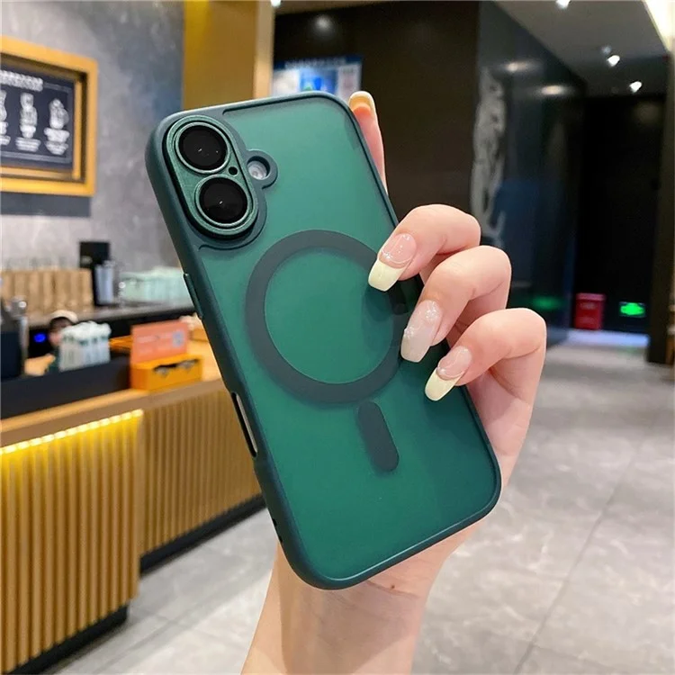 Capa Magnética para iPhone 16 com Película de Lente / Moldura de Lente Destacável Híbrida para Celular - Verde Meia-Noite