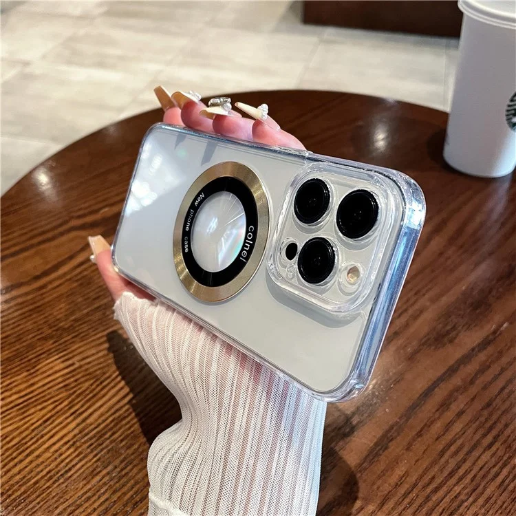 Für iPhone 15 Pro Max Magnetische Hülle Transparente Rückseite Handyhülle TPU + PC mit Ringlogo-Ansicht - Gold
