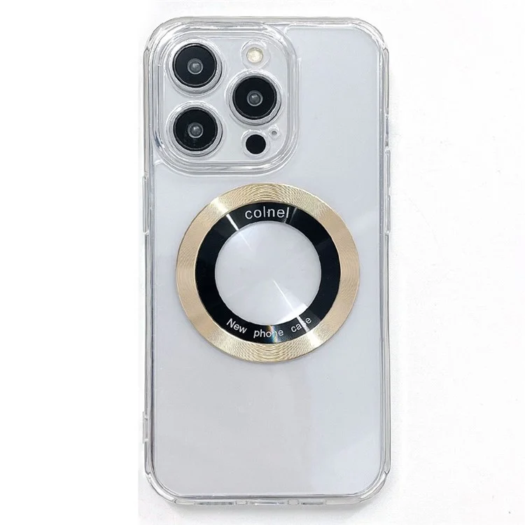 For iPhone 15 Pro Magnetic Case Clear Back Phone Cover TPU + PC with Ring Logo View - Gold