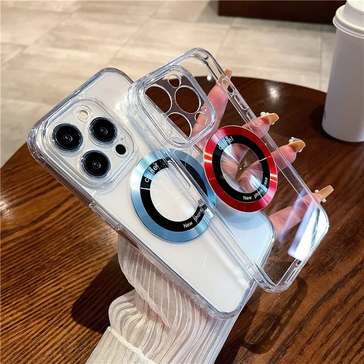 For iPhone 15 Pro Magnetic Case Clear Back Phone Cover TPU + PC with Ring Logo View - Gold