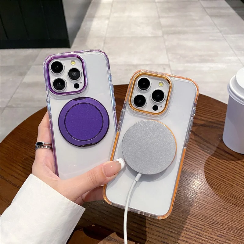 For iPhone 15 Pro Magnetic Case with Kickstand PC + TPU Clear Phone Back Cover - Orange