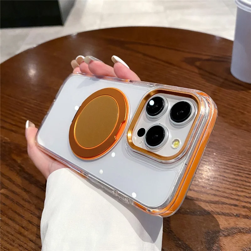 For iPhone 14 Pro Max Magnetic Case with Kickstand PC + TPU Clear Phone Back Cover - Orange