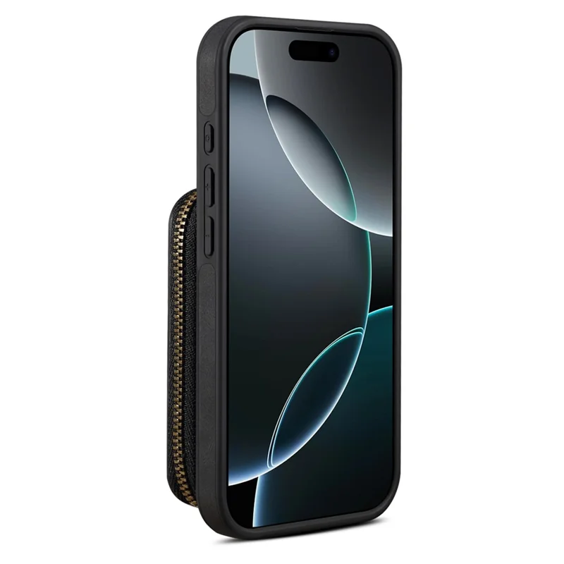 Pinpai Für iPhone 16 Pro Hülle mit Lederhaptik, abnehmbarem Reißverschluss-Kartenfach - Schwarz