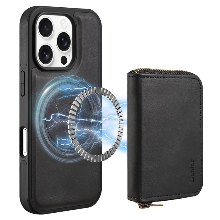 DENIOR For iPhone 16 Pro Max Case Skin Touch Leather Back Cover with Detachable Zipper Card Slot - Black