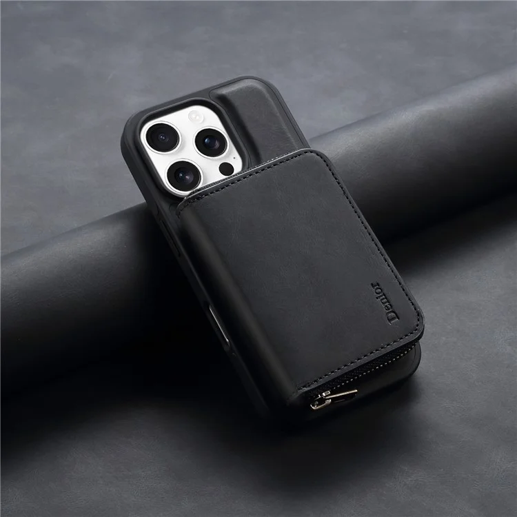DENIOR For iPhone 16 Pro Max Case Skin Touch Leather Back Cover with Detachable Zipper Card Slot - Black