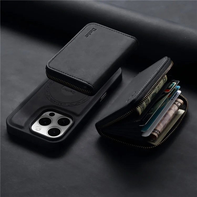 DENIOR For iPhone 16 Pro Max Case Skin Touch Leather Back Cover with Detachable Zipper Card Slot - Black